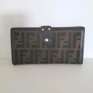 Fendi Zucca Vintage Wallet Canvas Leather Wallet Brown Purse Bifold Large Logo